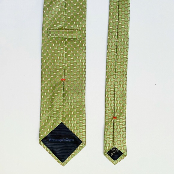 ERMENEGILDO ZEGNA GREEN BROWN WHITE DIAMOND PRINT JACQUARD SILK NECK TIE - Picture 3 of 7